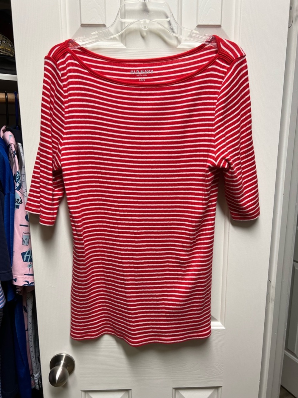 Old Navy Red and White Striped Boatneck Elbow-Sleeve Top